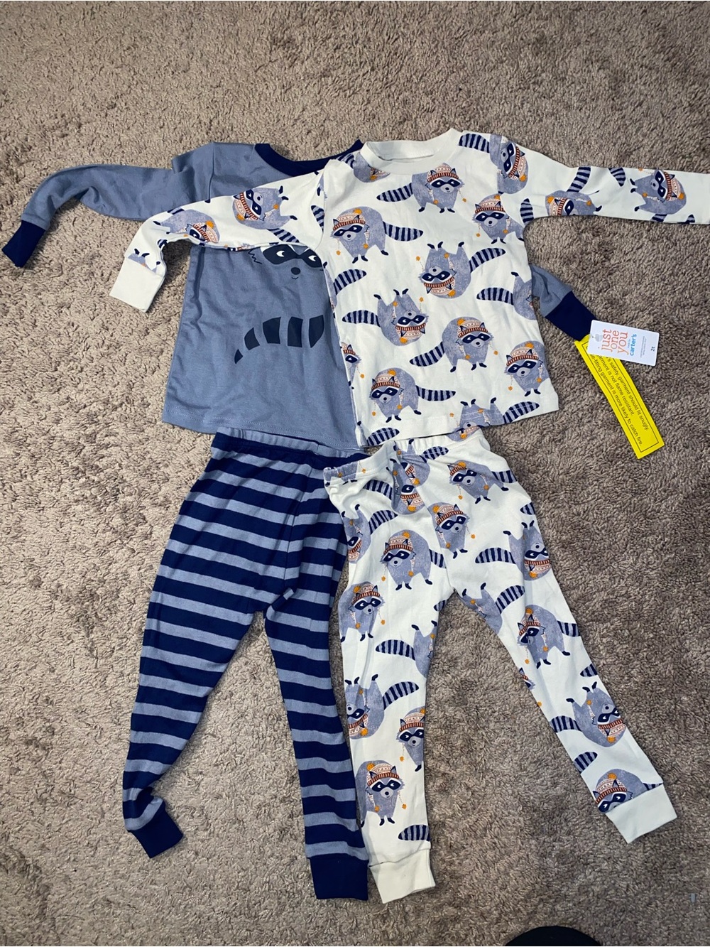 NWT Carter's Just One You 4 Pc Pajama Set 2T Raccoon Print Sleepwear